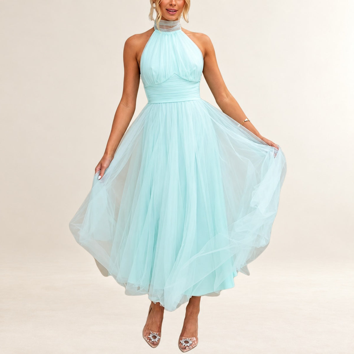 Vestido halter feminino - decote com laço ajustável, corpete franzido, cintura franzida, saia em A até o tornozelo, zíper invisível nas costas