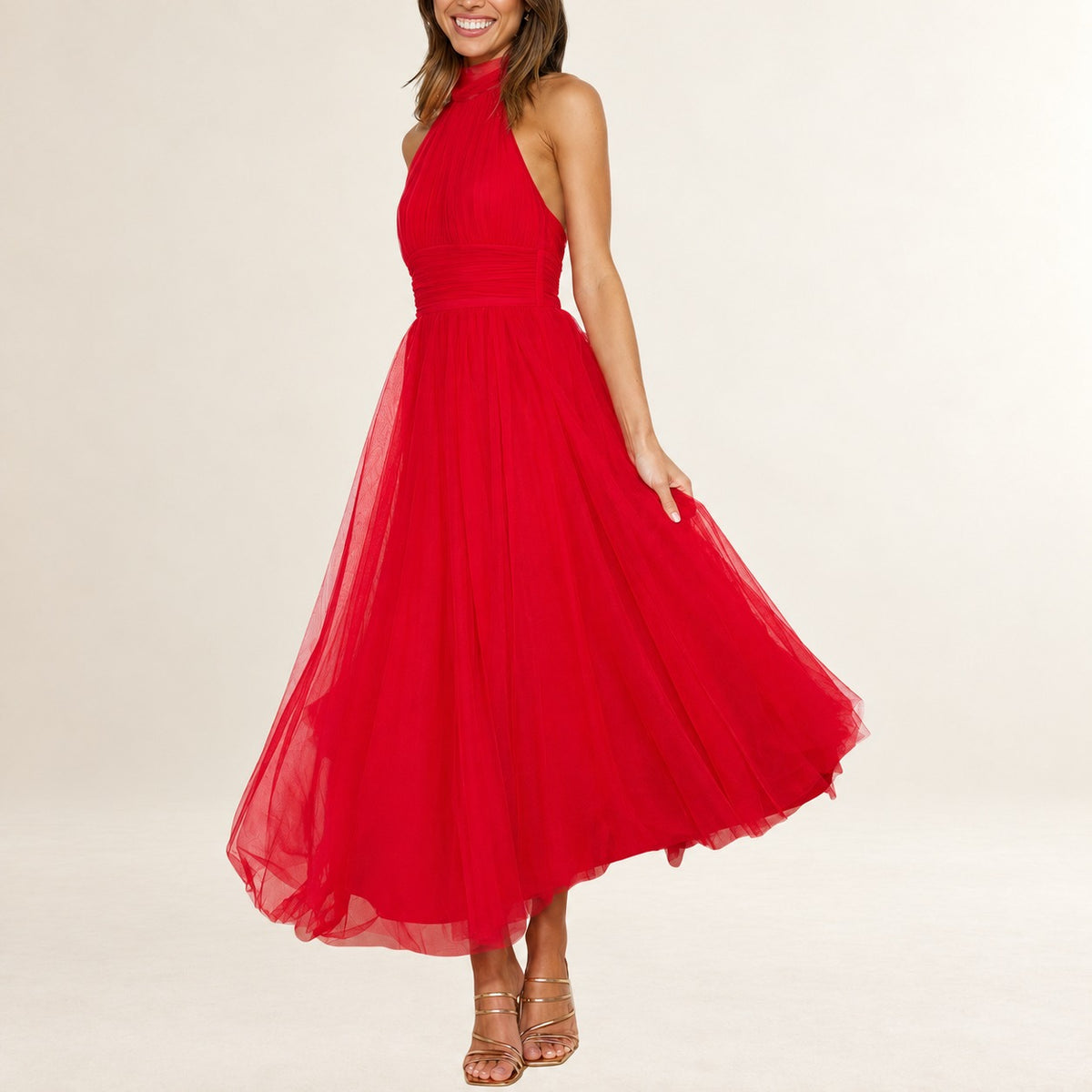 Vestido halter feminino - decote com laço ajustável, corpete franzido, cintura franzida, saia em A até o tornozelo, zíper invisível nas costas