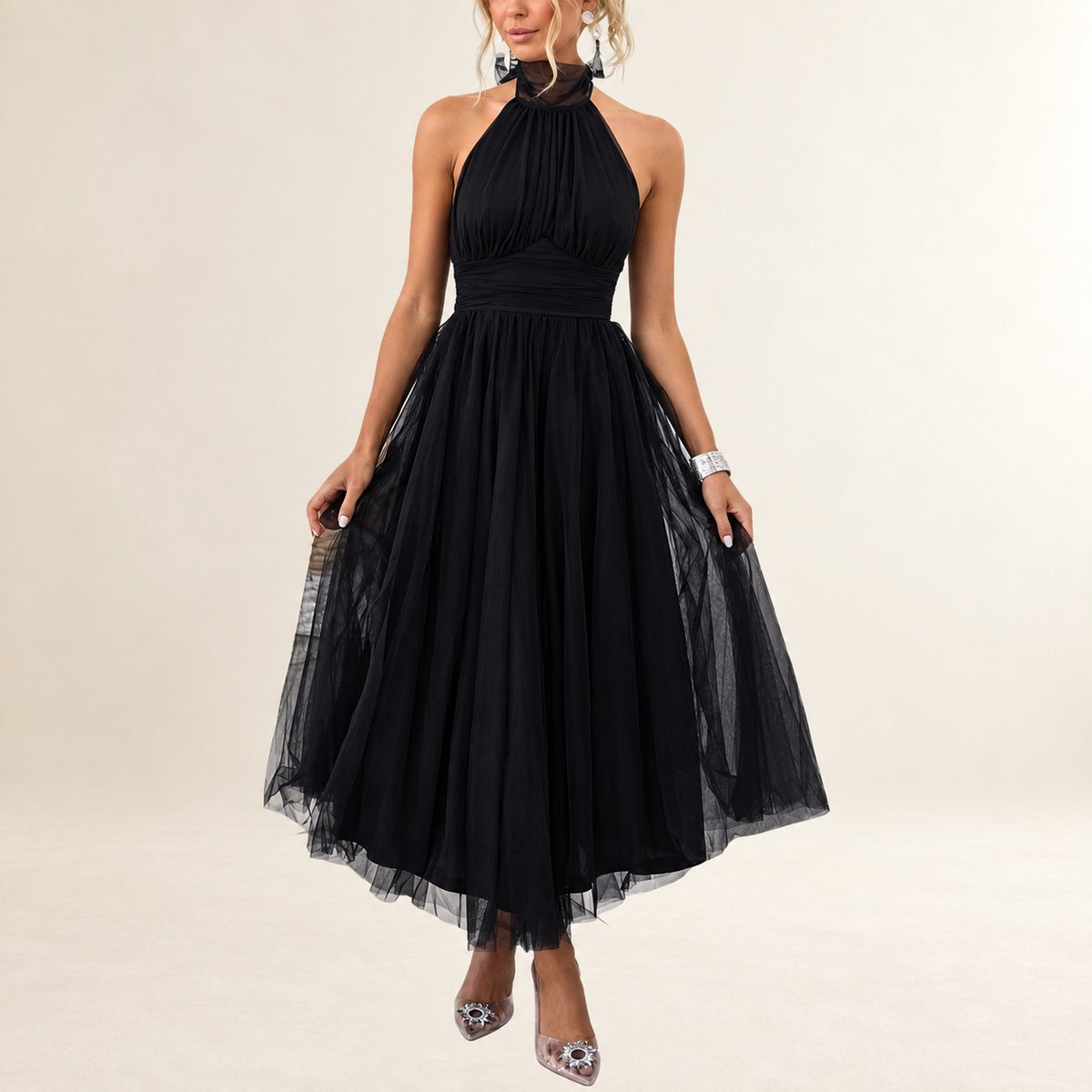 Vestido halter feminino - decote com laço ajustável, corpete franzido, cintura franzida, saia em A até o tornozelo, zíper invisível nas costas