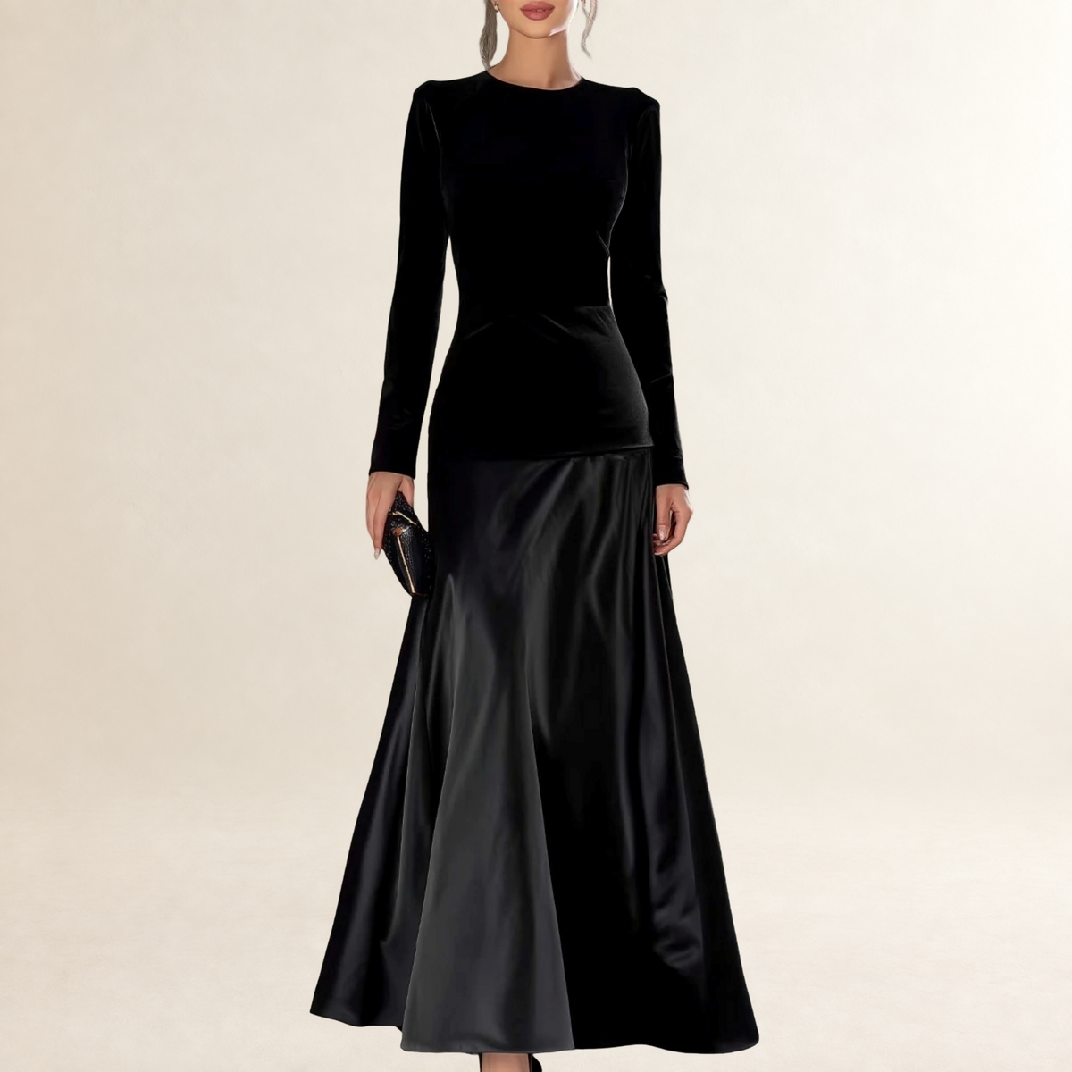 Vestido longo de manga longa feminino com saia evasê e corpo ajustado