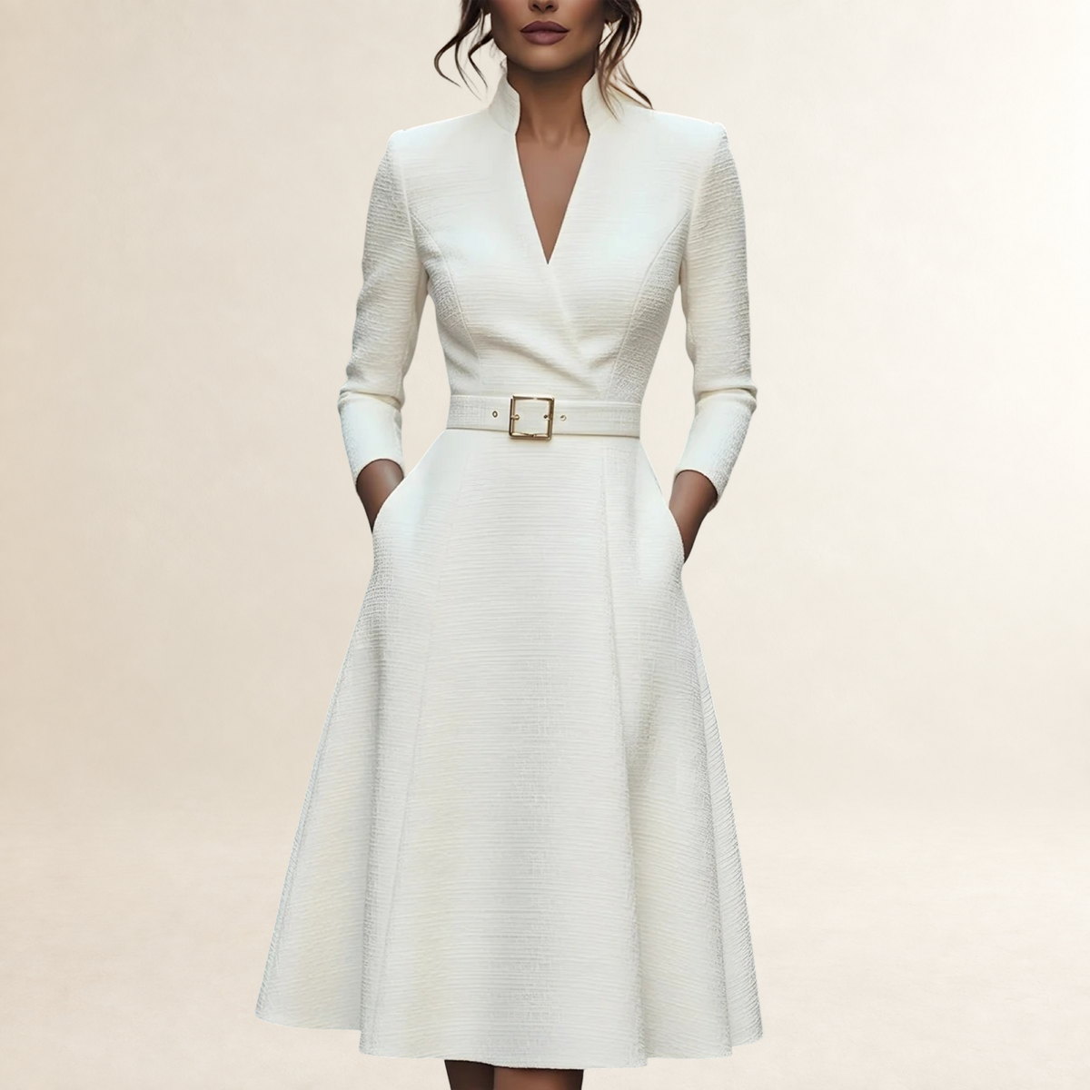 Vestido longo feminino com decote V, mangas longas e cintura com cinto