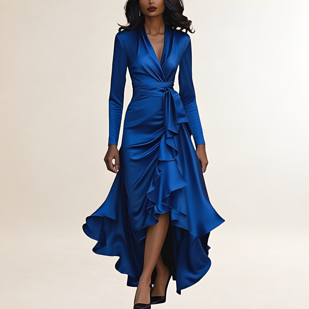 Vestido longo feminino com decote V profundo, manga longa, saia com babado e cintura ajustada