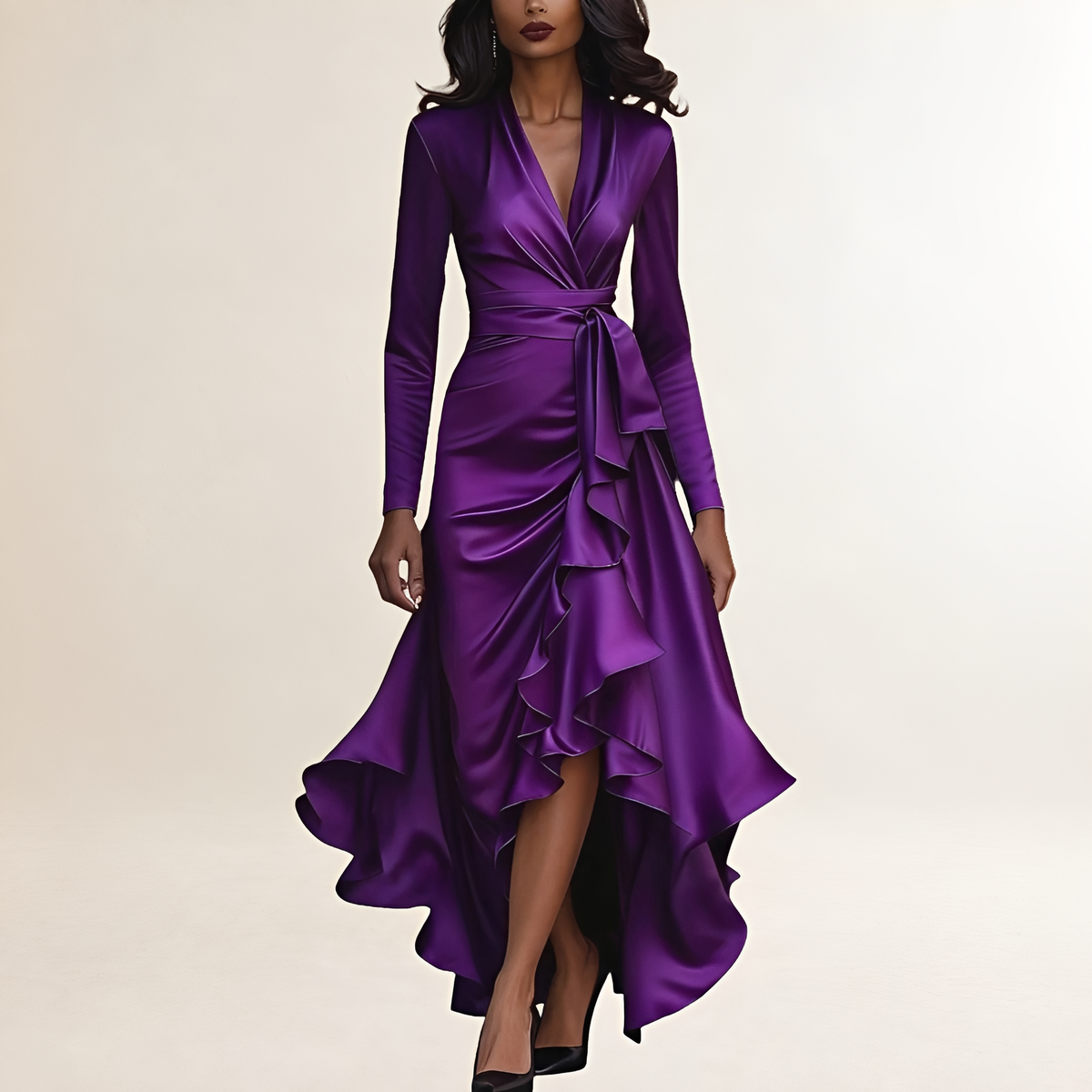 Vestido longo feminino com decote V profundo, manga longa, saia com babado e cintura ajustada
