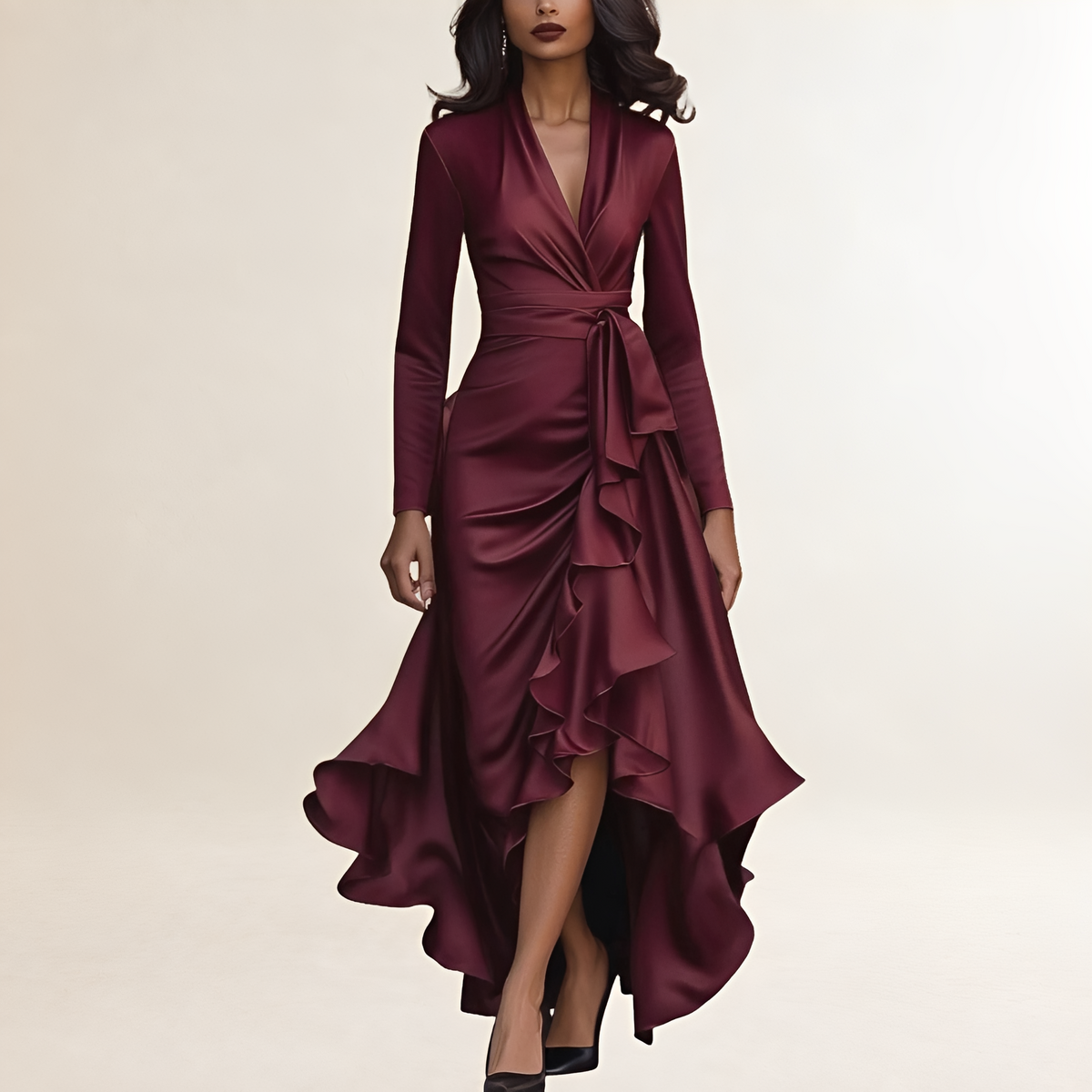 Vestido longo feminino com decote V profundo, manga longa, saia com babado e cintura ajustada