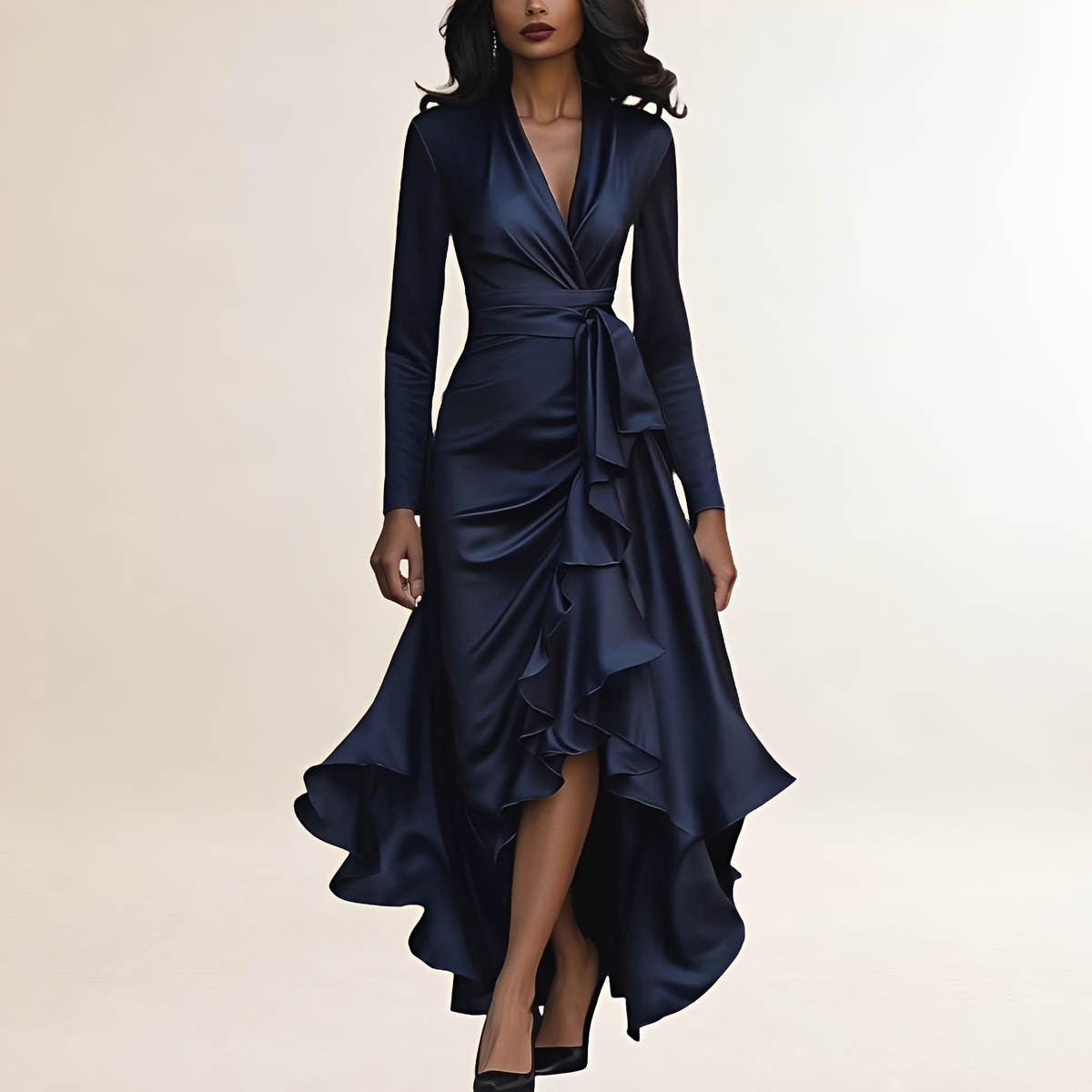 Vestido longo feminino com decote V profundo, manga longa, saia com babado e cintura ajustada