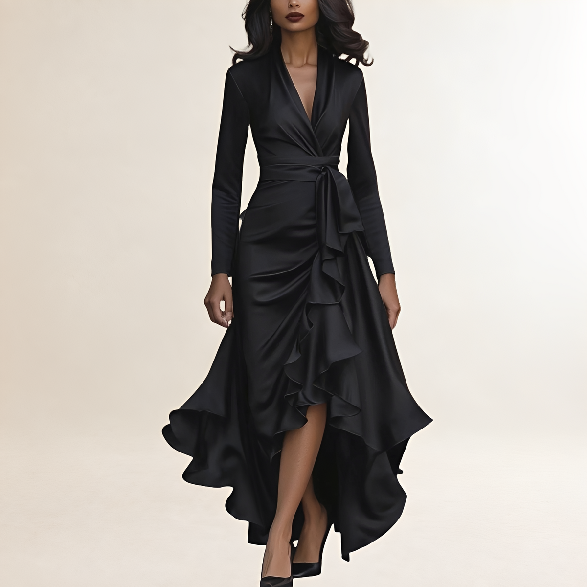 Vestido longo feminino com decote V profundo, manga longa, saia com babado e cintura ajustada
