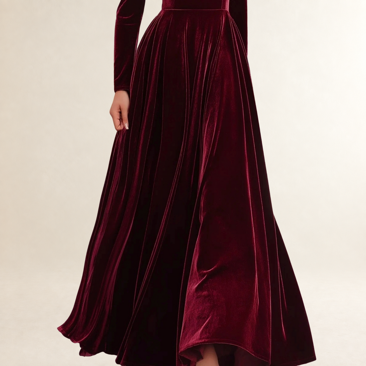Vestido longo feminino manga longa com decote alto e corpete ajustado