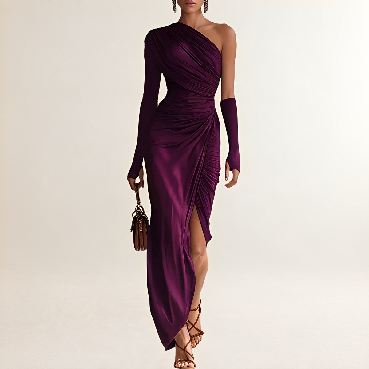 Vestido longo feminino ombro único com mangas longas, drapeado e fenda lateral