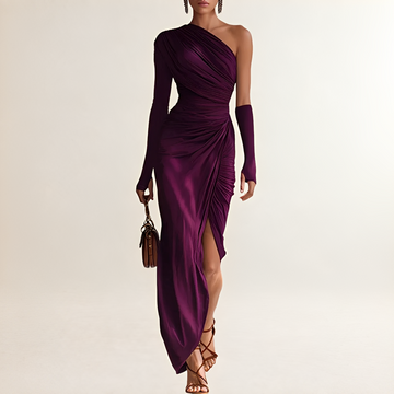 Vestido longo feminino ombro único com mangas longas, drapeado e fenda lateral