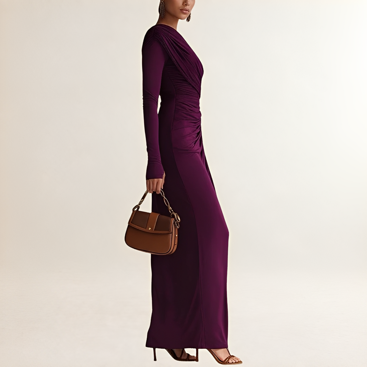 Vestido longo feminino ombro único com mangas longas, drapeado e fenda lateral