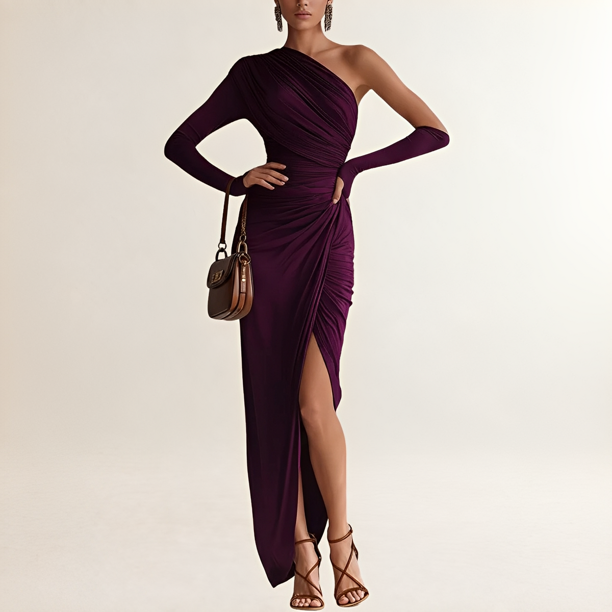 Vestido longo feminino ombro único com mangas longas, drapeado e fenda lateral