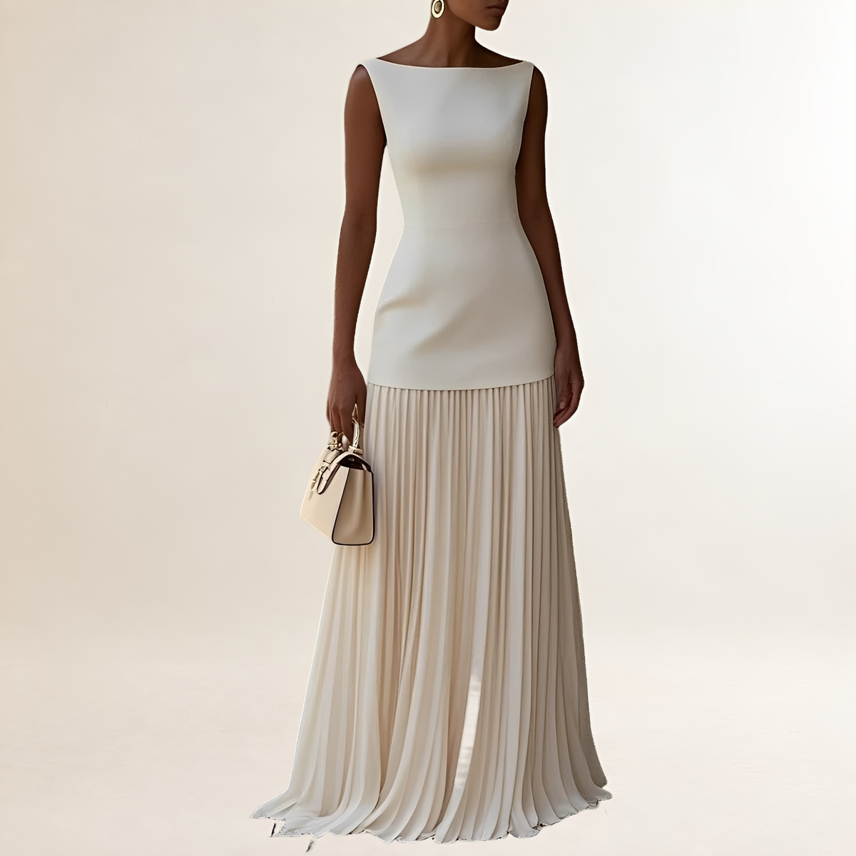 Vestido longo feminino sem mangas com decote barco, corpete ajustado e saia plissada até o chão
