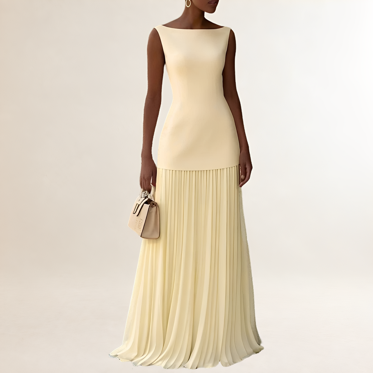 Vestido longo feminino sem mangas com decote barco, corpete ajustado e saia plissada até o chão