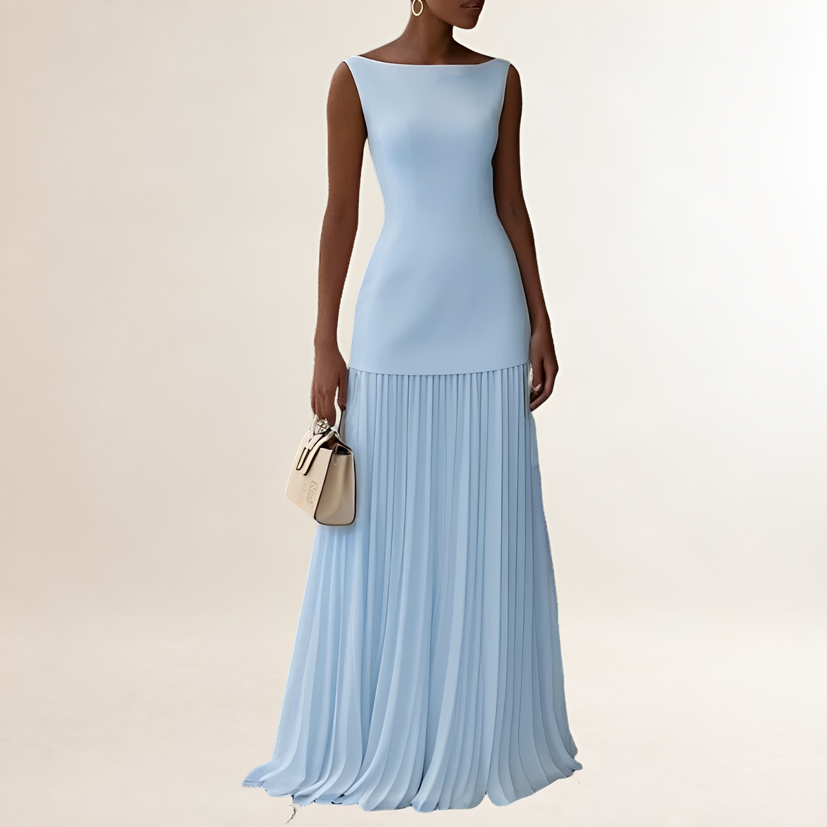 Vestido longo feminino sem mangas com decote barco, corpete ajustado e saia plissada até o chão