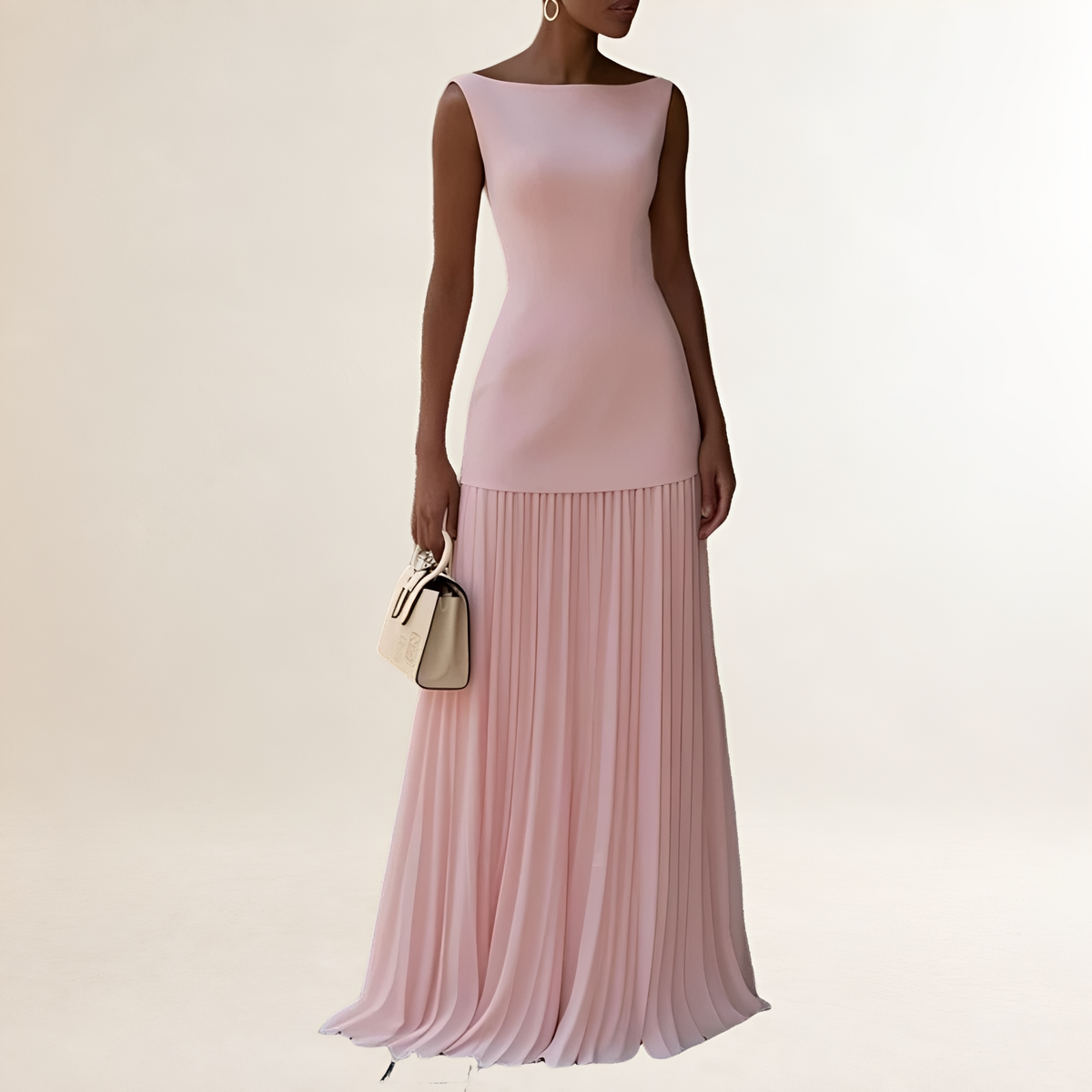 Vestido longo feminino sem mangas com decote barco, corpete ajustado e saia plissada até o chão