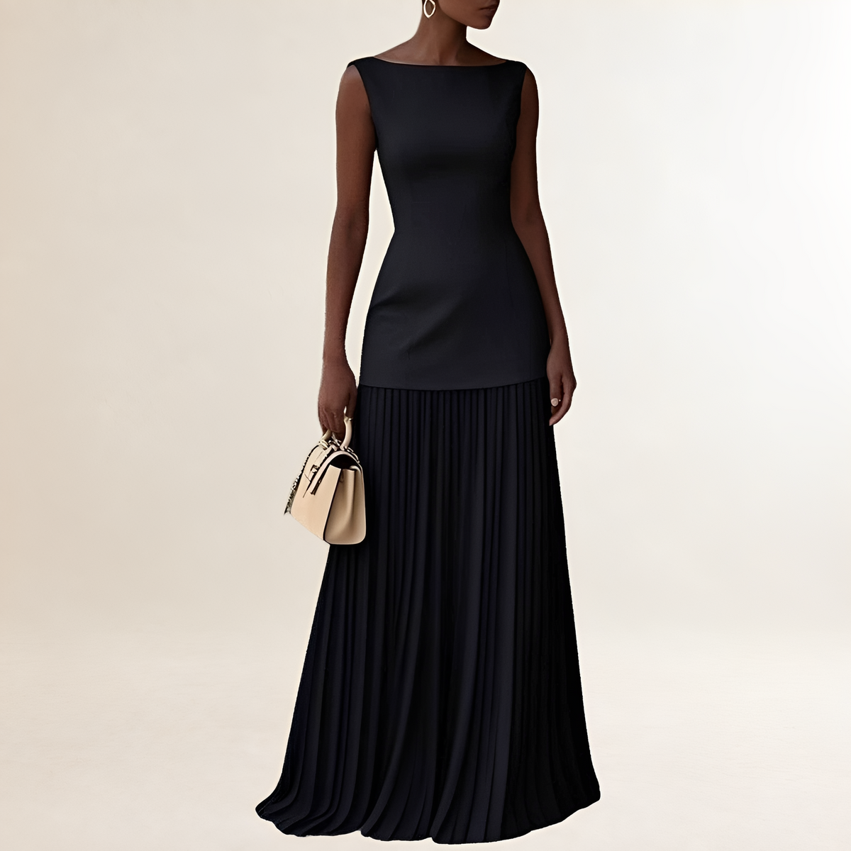 Vestido longo feminino sem mangas com decote barco, corpete ajustado e saia plissada até o chão