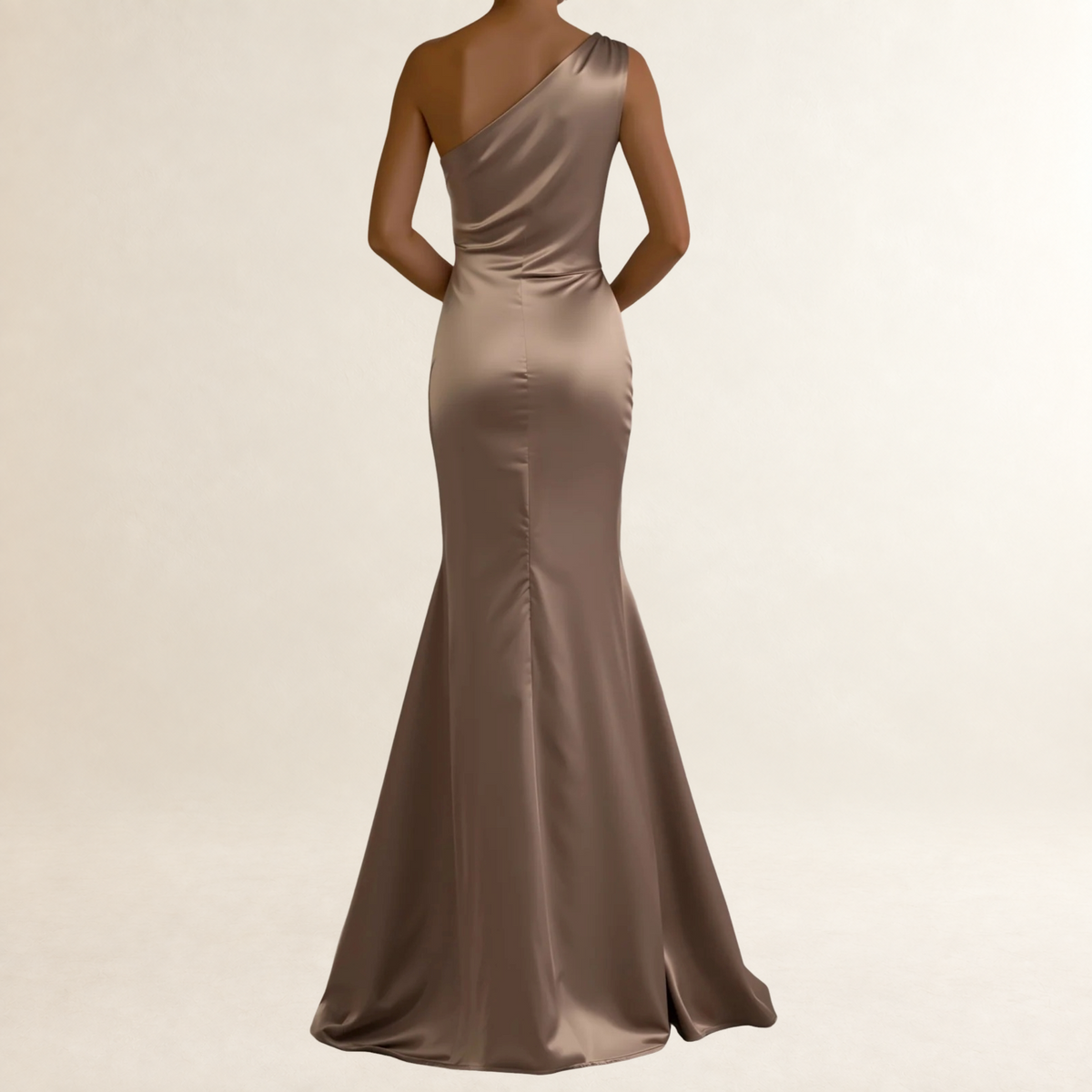 Vestido longo feminino um ombro com drapeado e silhueta sereia ajustada