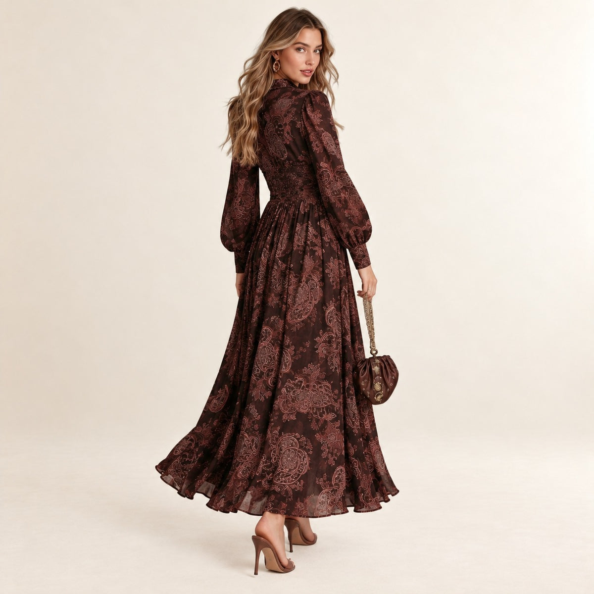 Vestido Longo Mulher Zíper Frontal Colar Camada V Manga Longa