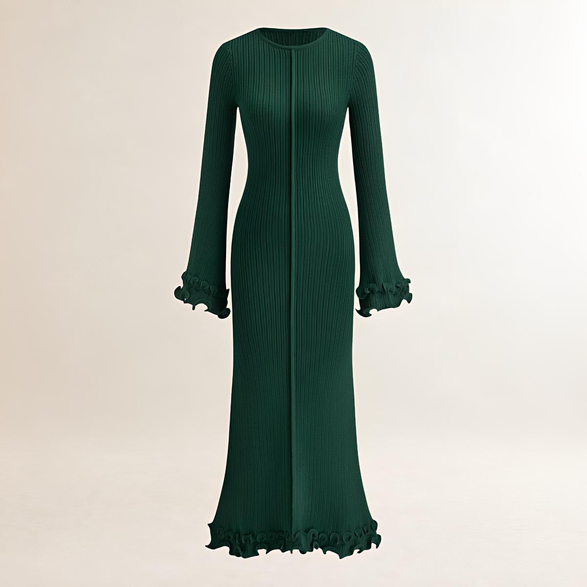 Vestido longo para mulheres com manga longa, barra com babado e caimento slim