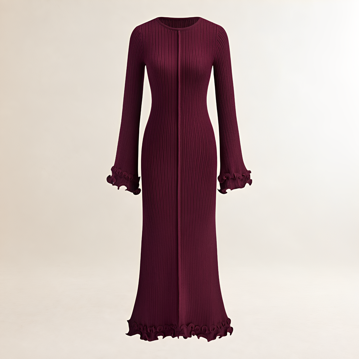 Vestido longo para mulheres com manga longa, barra com babado e caimento slim