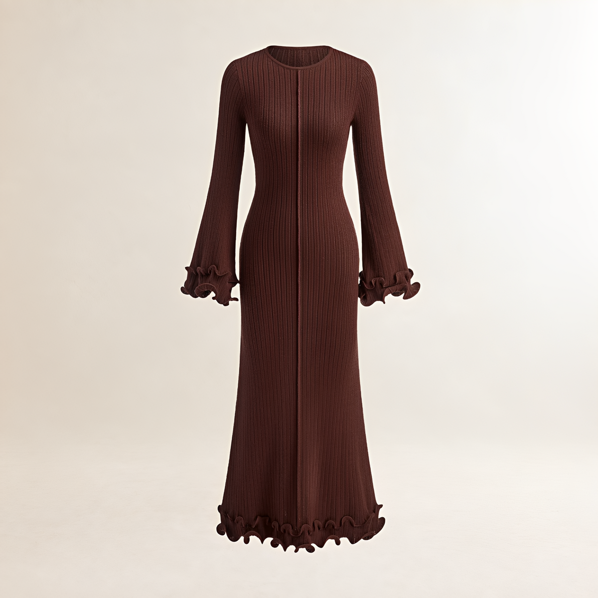 Vestido longo para mulheres com manga longa, barra com babado e caimento slim