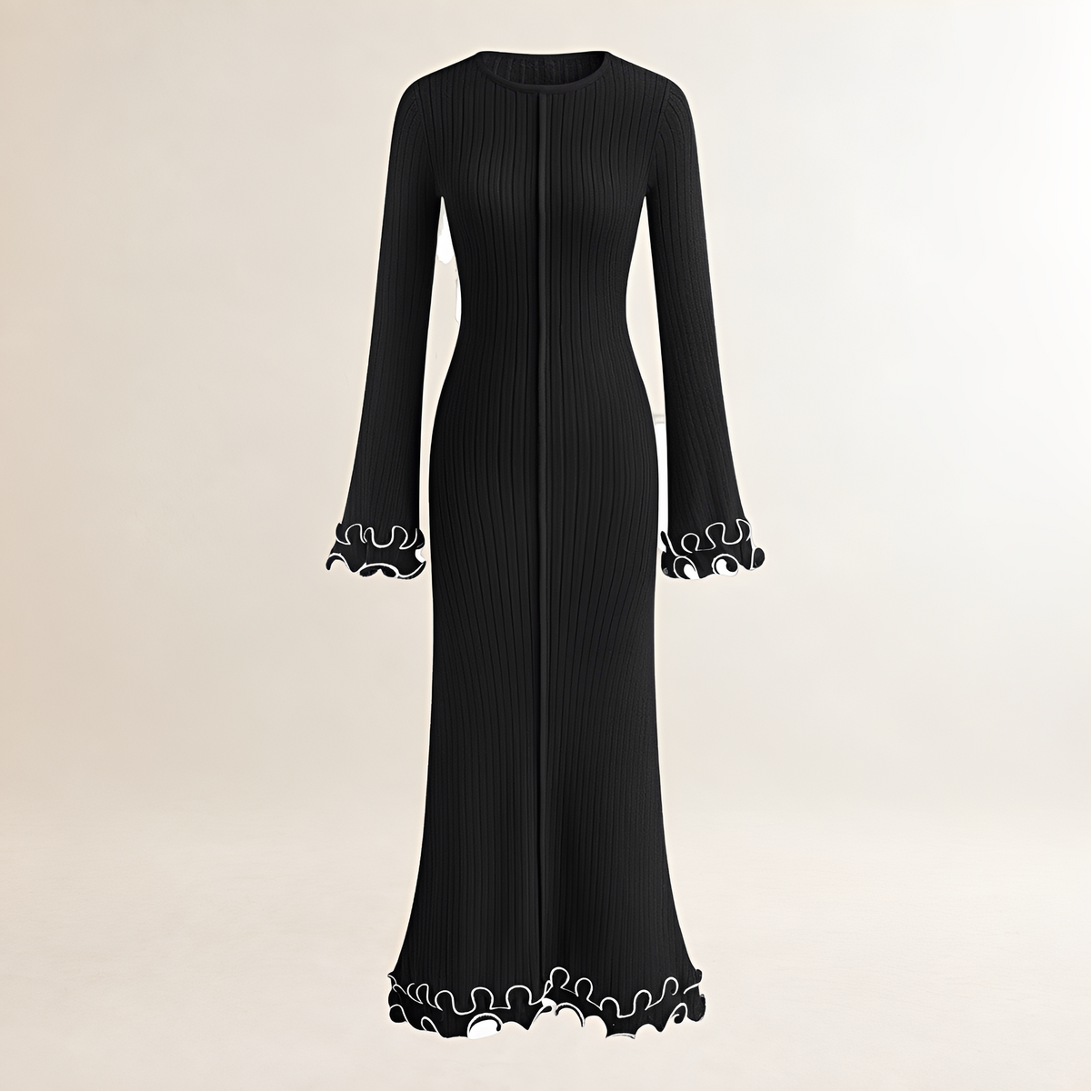 Vestido longo para mulheres com manga longa, barra com babado e caimento slim