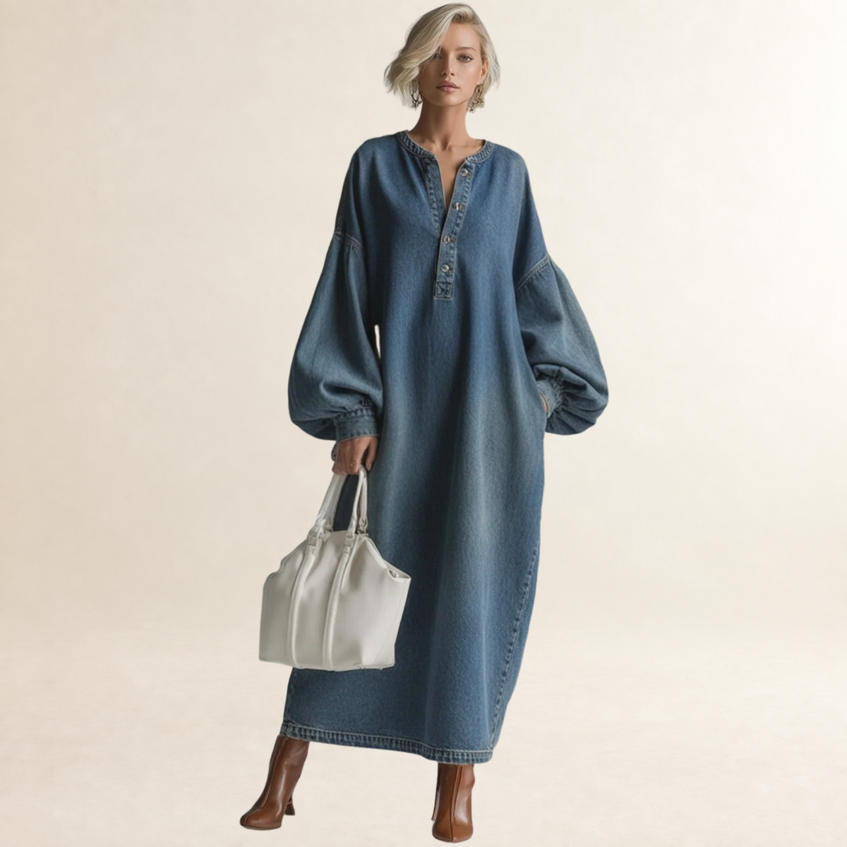 Vestido maxi feminino com botões, mangas balão e caimento relaxado