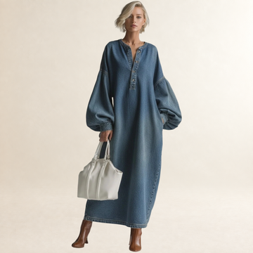 Vestido maxi feminino com botões, mangas balão e caimento relaxado