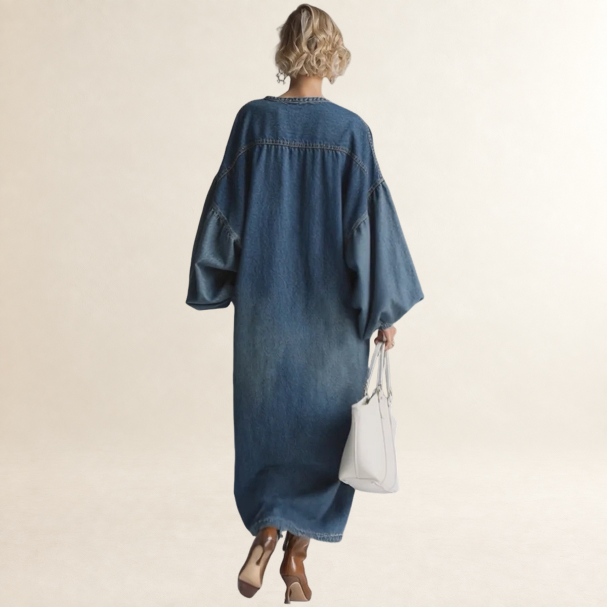 Vestido maxi feminino com botões, mangas balão e caimento relaxado