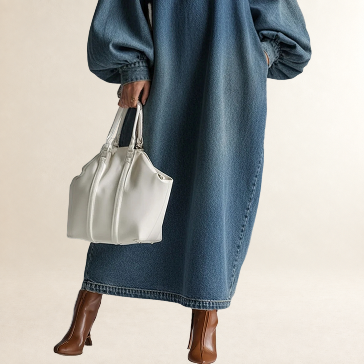 Vestido maxi feminino com botões, mangas balão e caimento relaxado