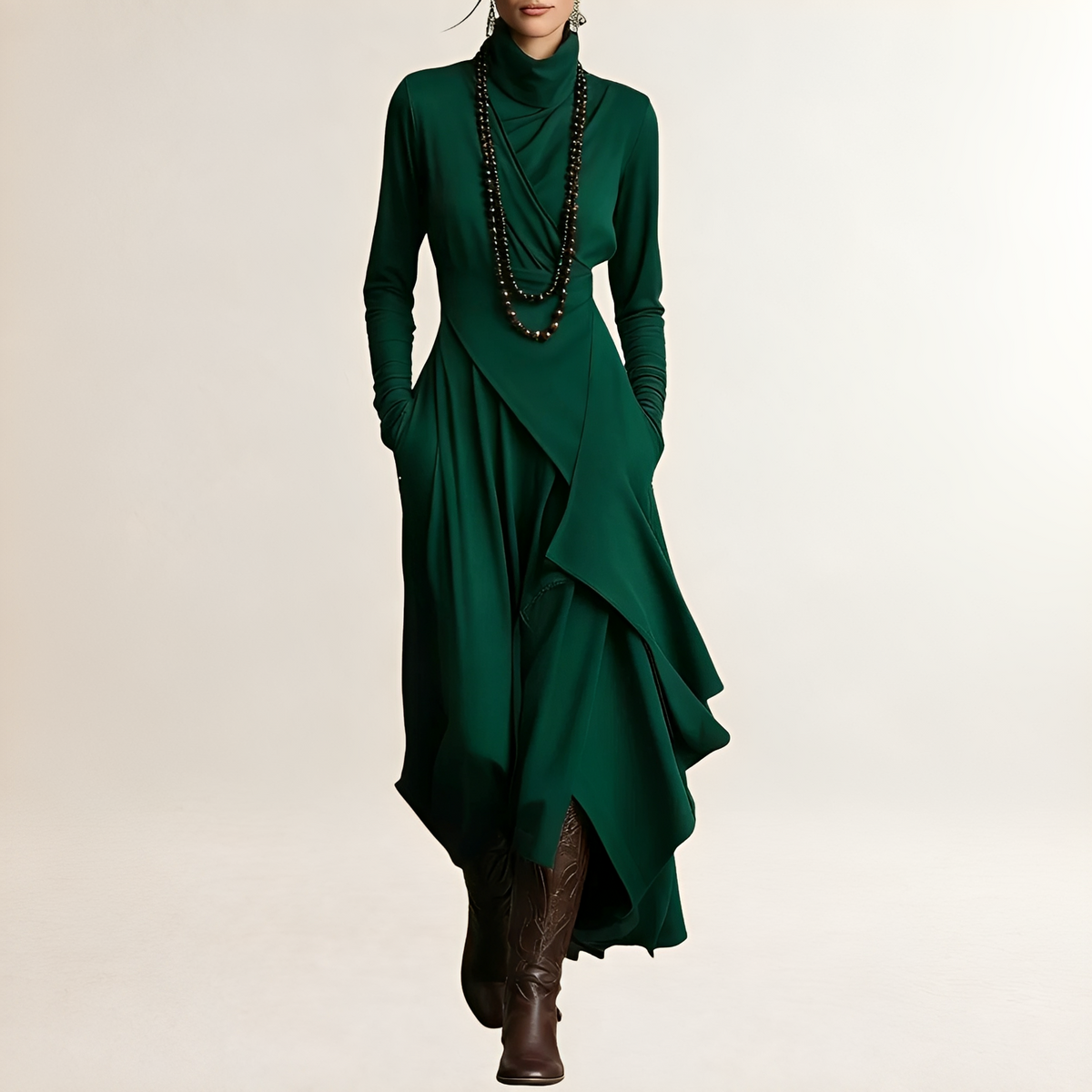 Vestido maxi feminino com gola alta, corpo drapeado cruzado, manga longa, barra assimétrica com camadas e bolsos laterais