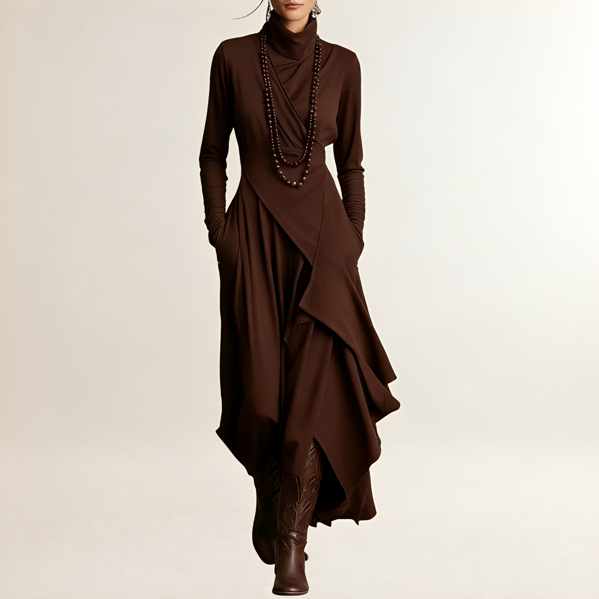 Vestido maxi feminino com gola alta, corpo drapeado cruzado, manga longa, barra assimétrica com camadas e bolsos laterais