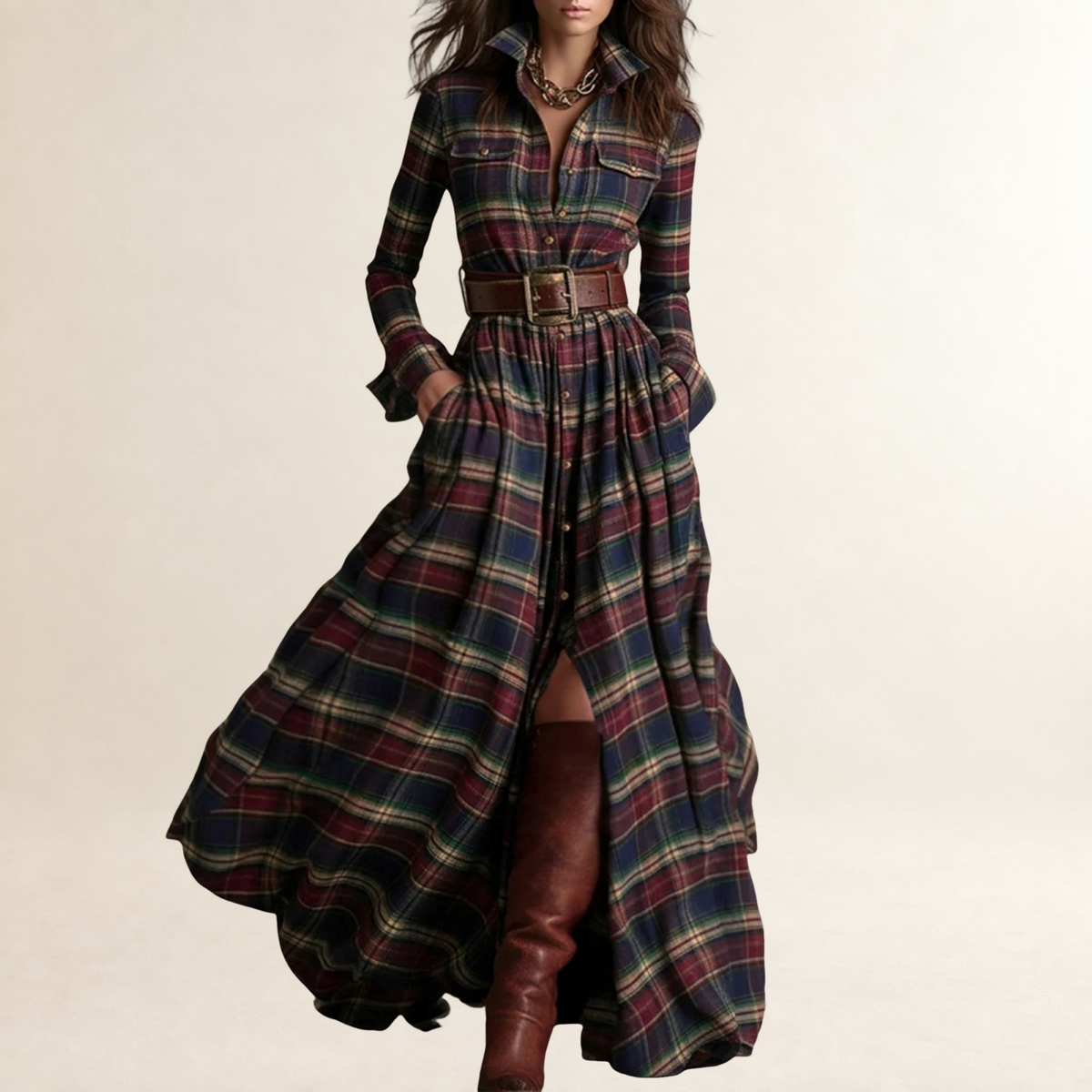 Vestido maxi feminino com lapela, estampa xadrez e cinto ajustável