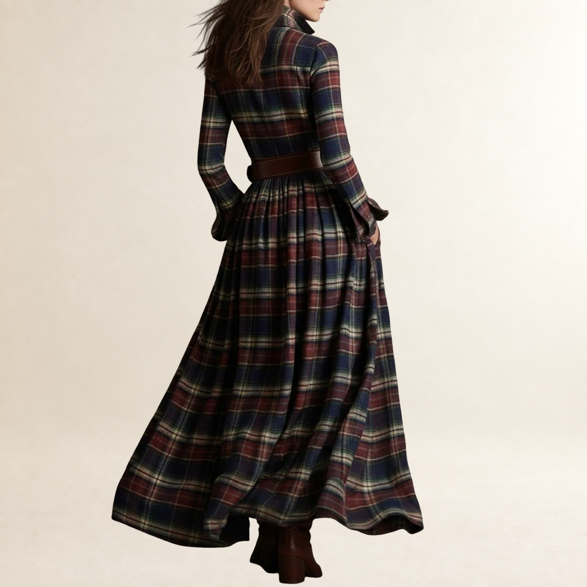 Vestido maxi feminino com lapela, estampa xadrez e cinto ajustável