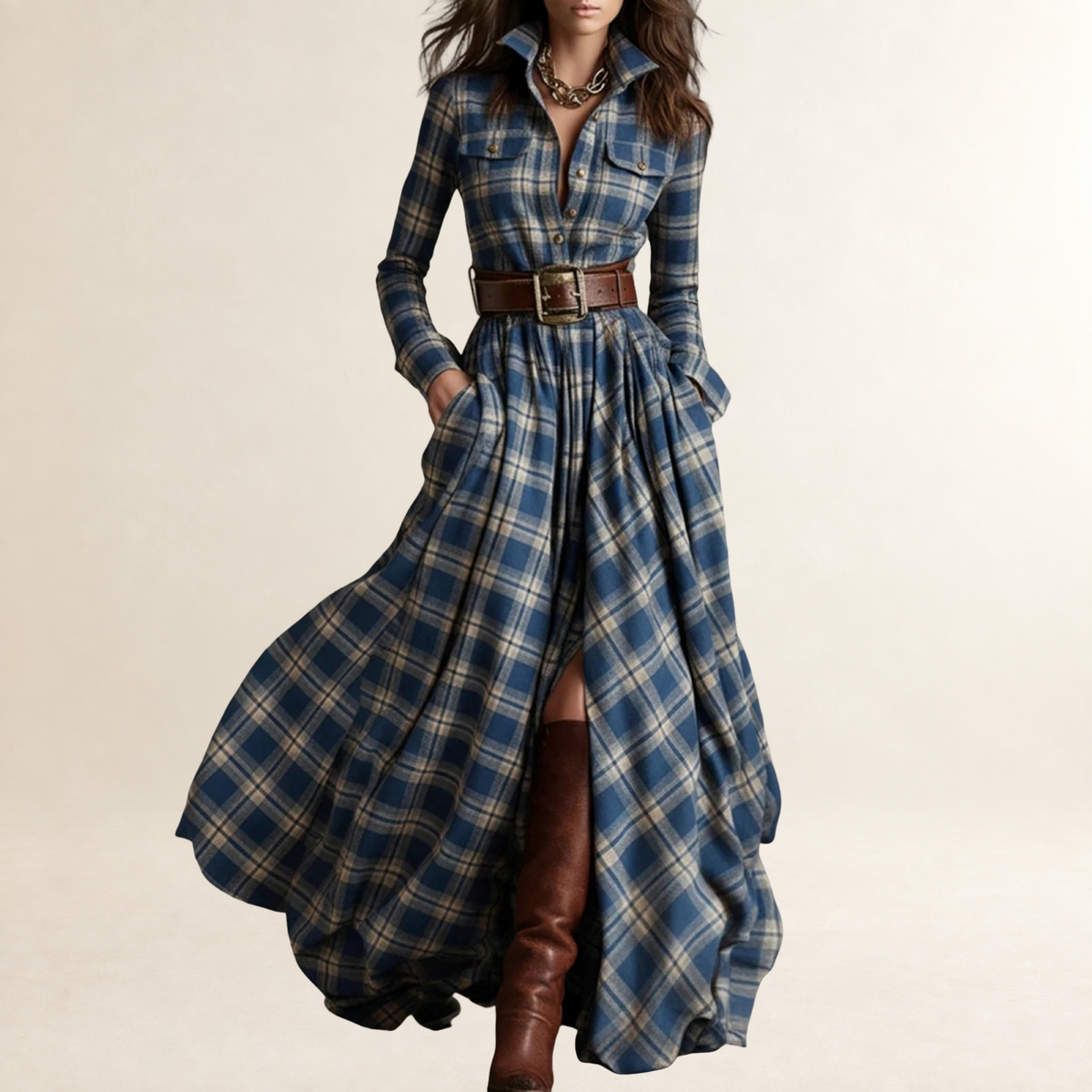 Vestido maxi feminino com lapela, estampa xadrez e cinto ajustável