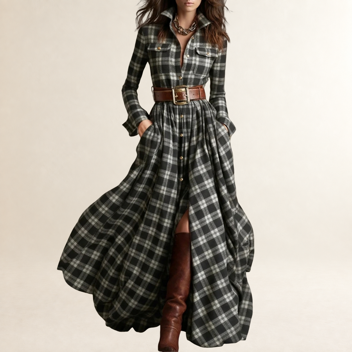 Vestido maxi feminino com lapela, estampa xadrez e cinto ajustável