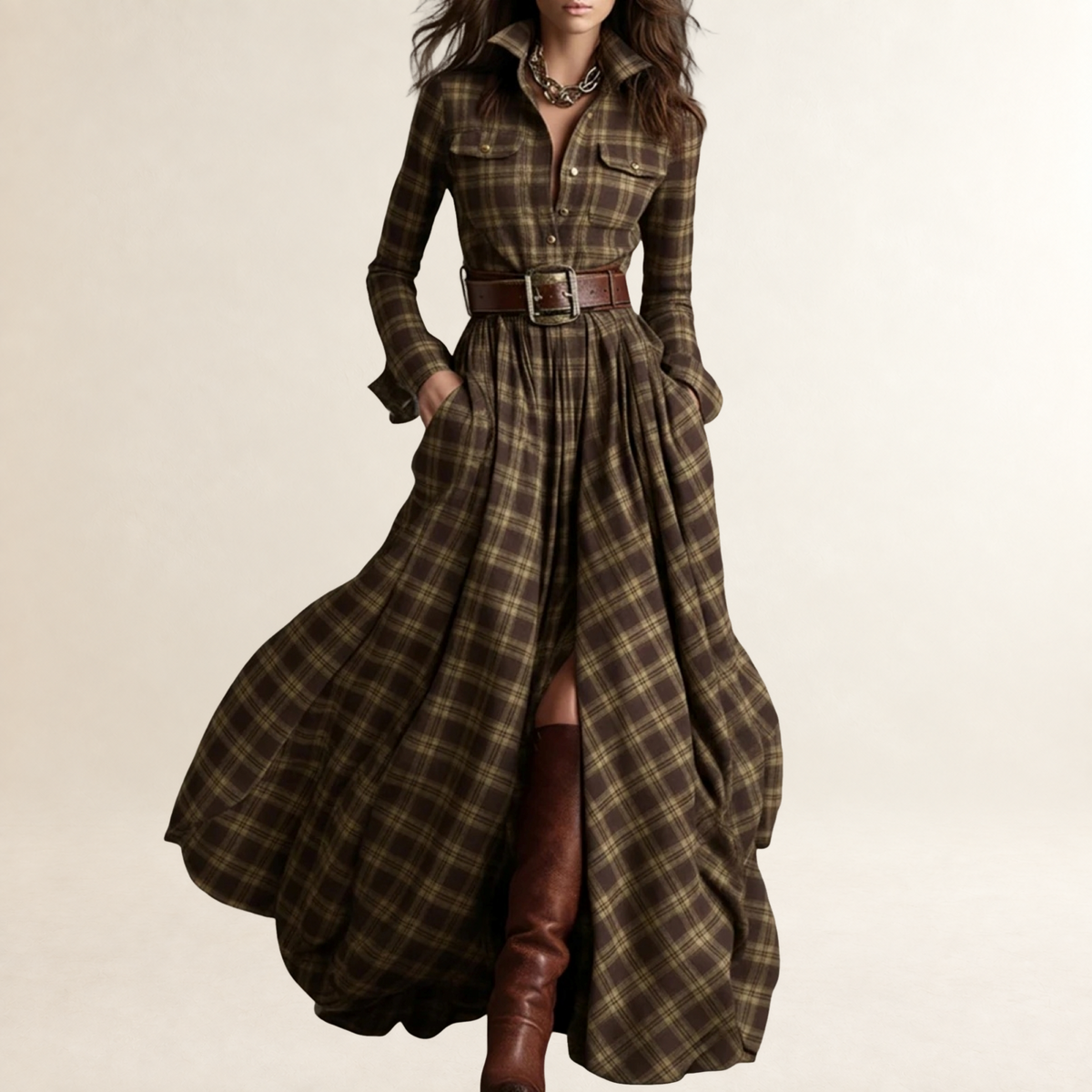 Vestido maxi feminino com lapela, estampa xadrez e cinto ajustável