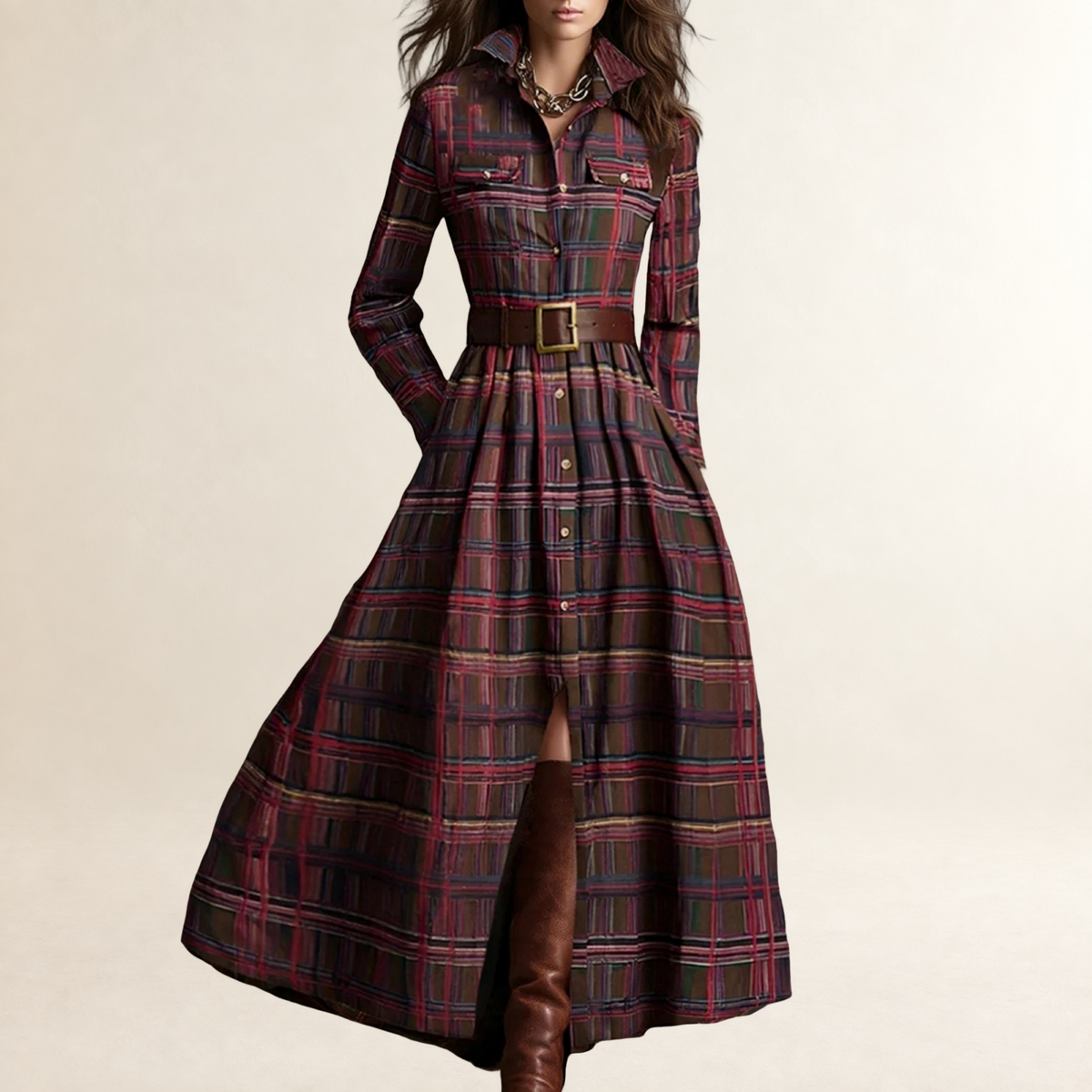 Vestido maxi feminino com lapela, estampa xadrez e cinto ajustável