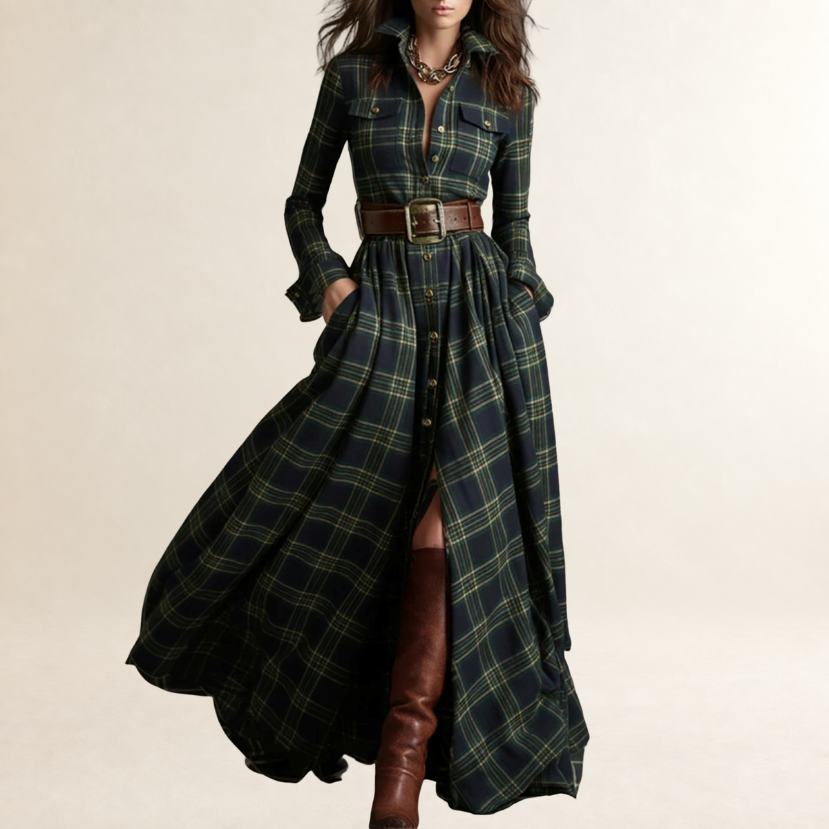Vestido maxi feminino com lapela, estampa xadrez e cinto ajustável