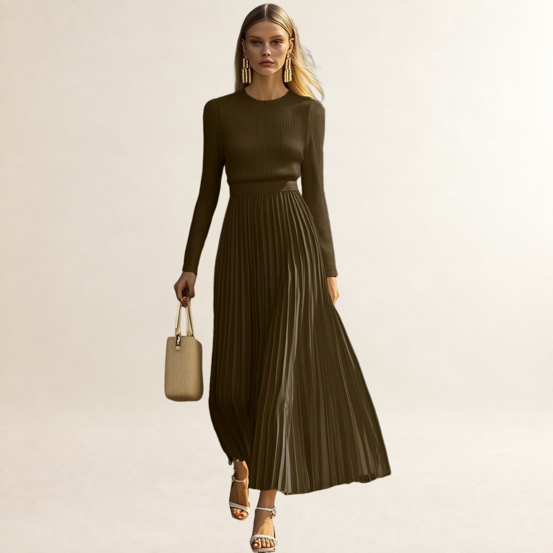 Vestido maxi feminino com mangas longas, saia plissada e silhueta ajustada