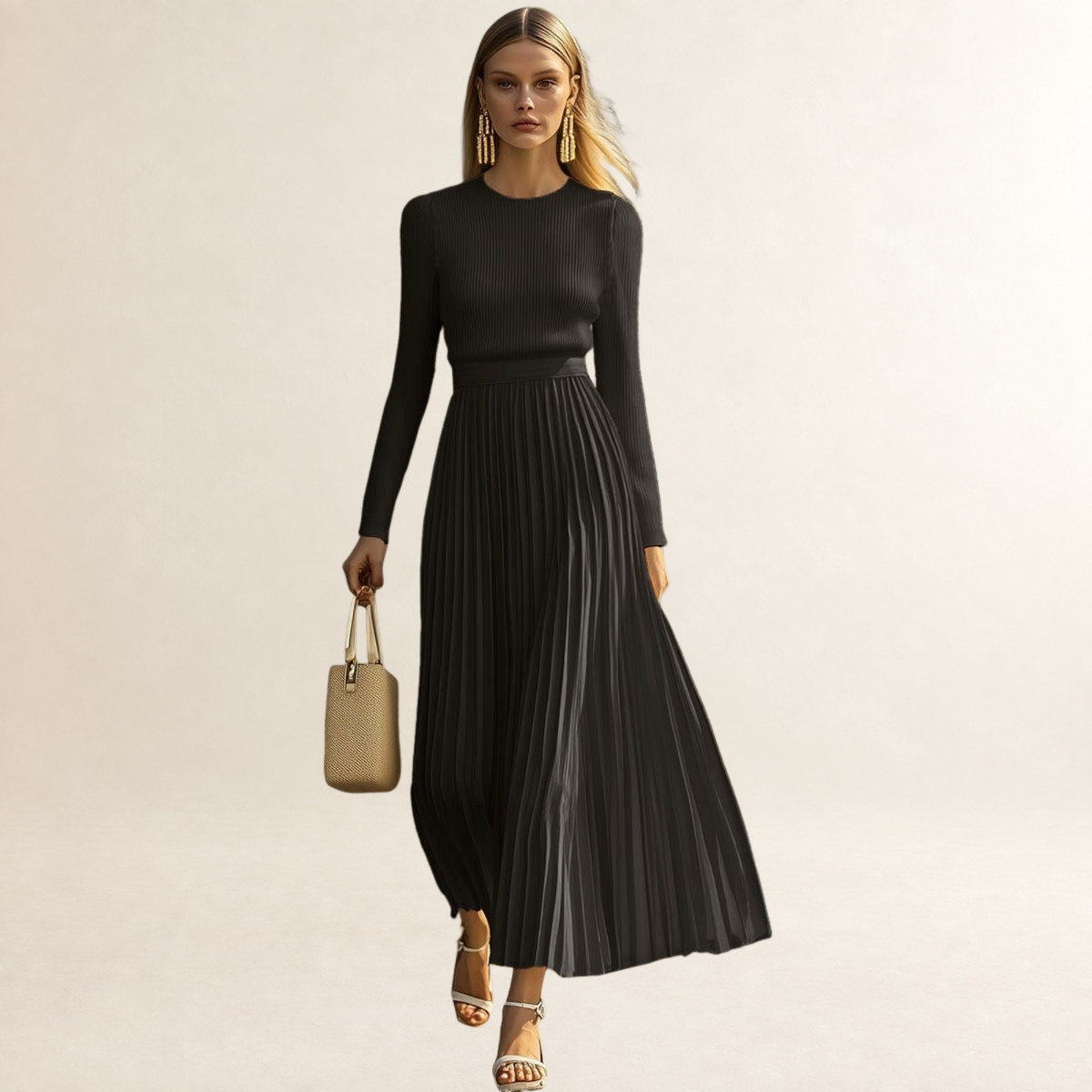 Vestido maxi feminino com mangas longas, saia plissada e silhueta ajustada