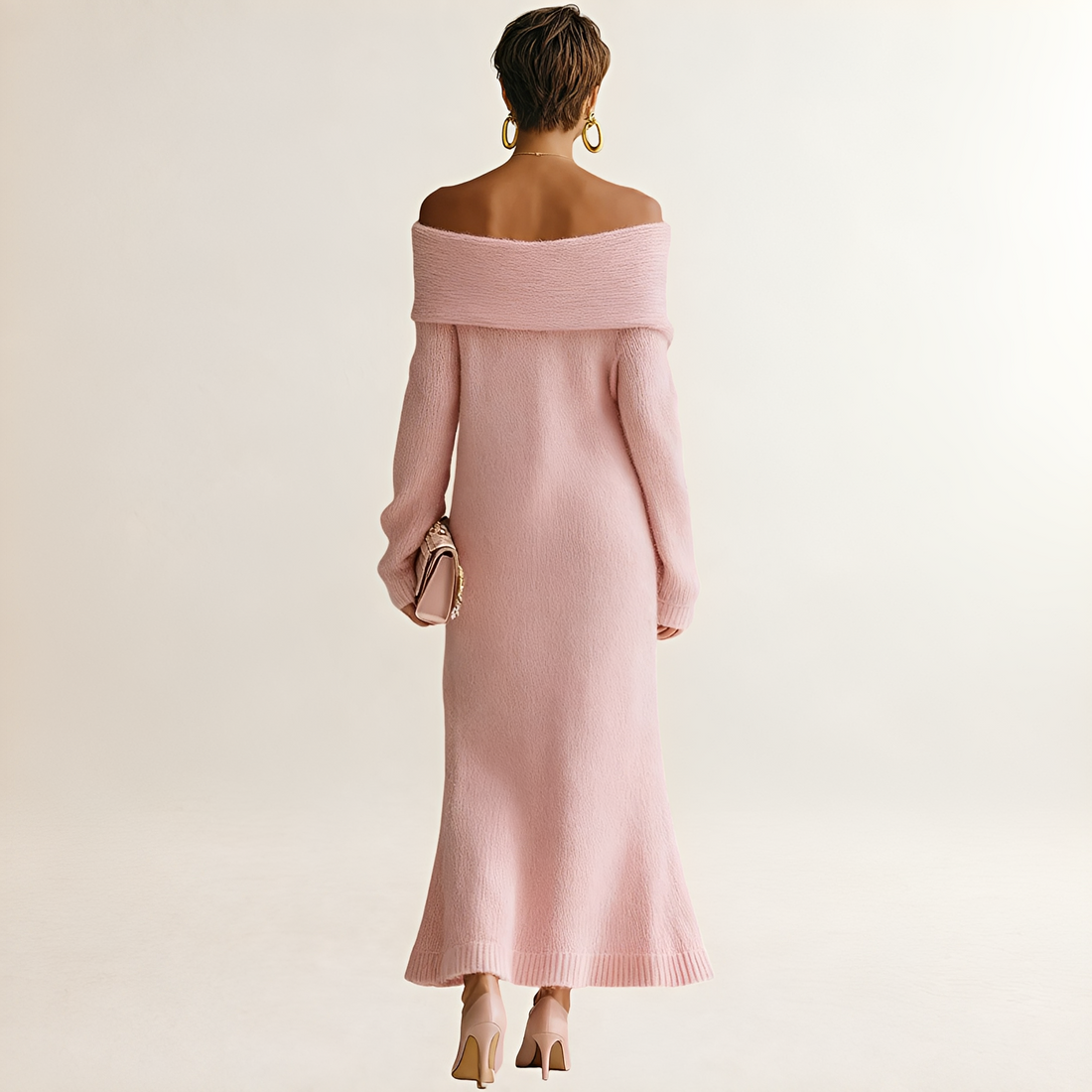Vestido maxi feminino de decote ombro a ombro com mangas longas e caimento solto
