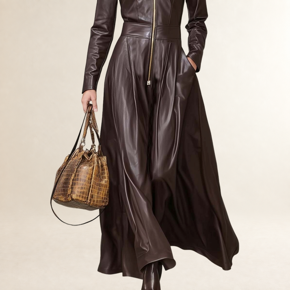 Vestido maxi feminino manga longa com zíper frontal e silhueta A-line