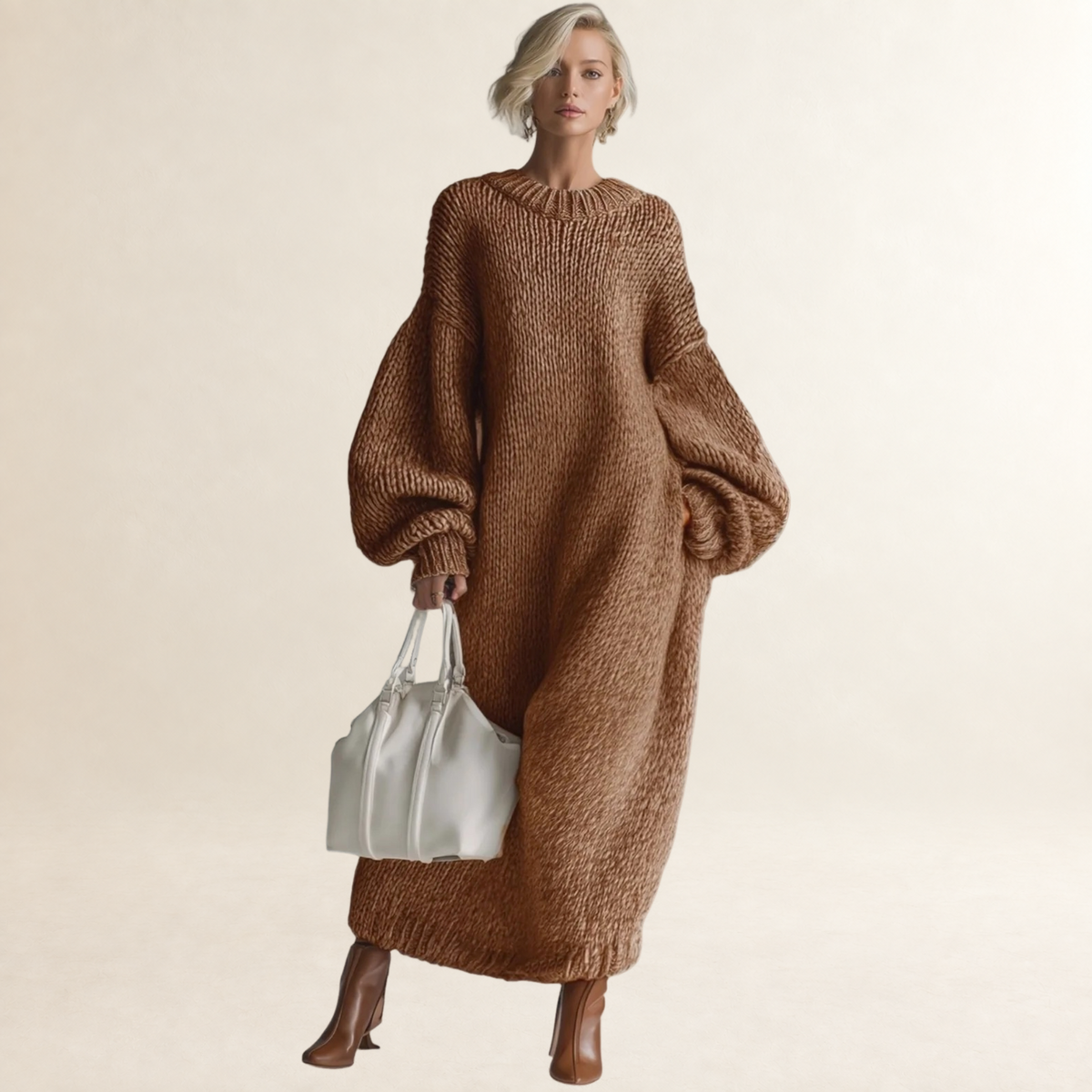 Vestido maxi feminino oversized com decote redondo e mangas longas
