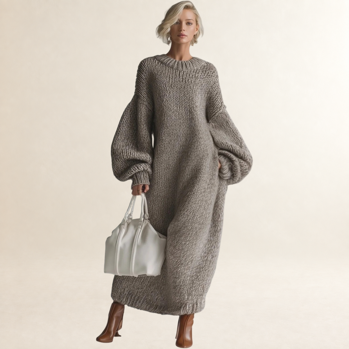 Vestido maxi feminino oversized com decote redondo e mangas longas
