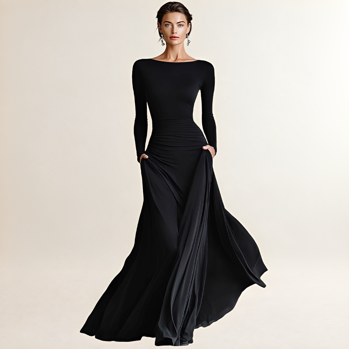 Vestido Maxi Mulher Decote Barco Manga Longa Cintura franzida e Bolsos