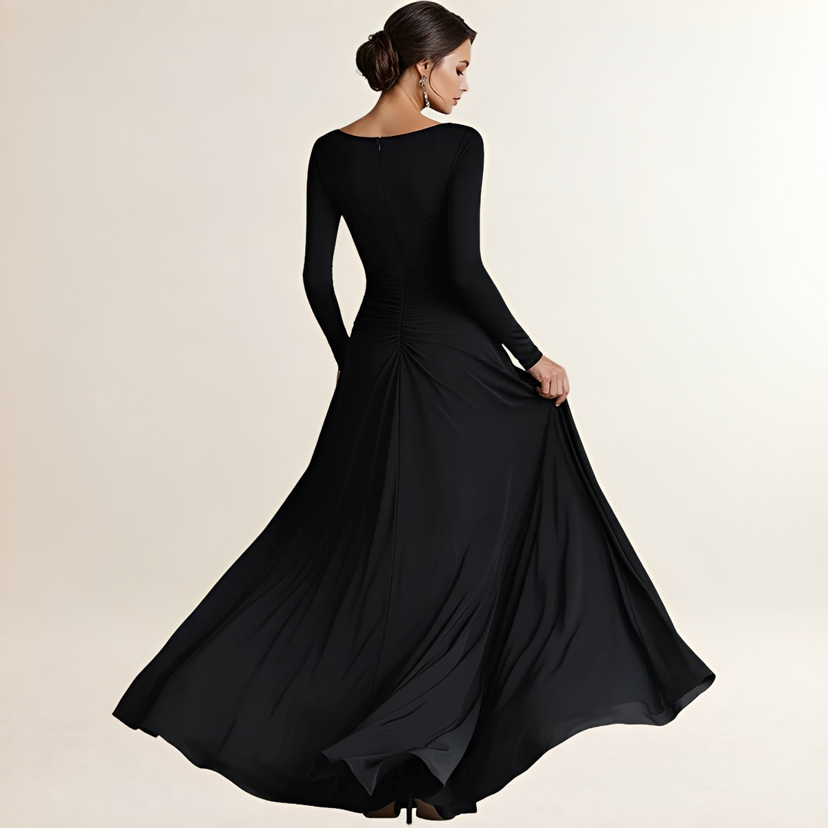 Vestido Maxi Mulher Decote Barco Manga Longa Cintura franzida e Bolsos
