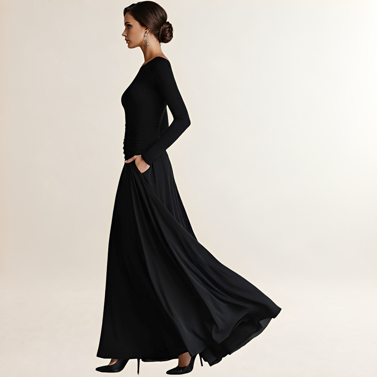 Vestido Maxi Mulher Decote Barco Manga Longa Cintura franzida e Bolsos