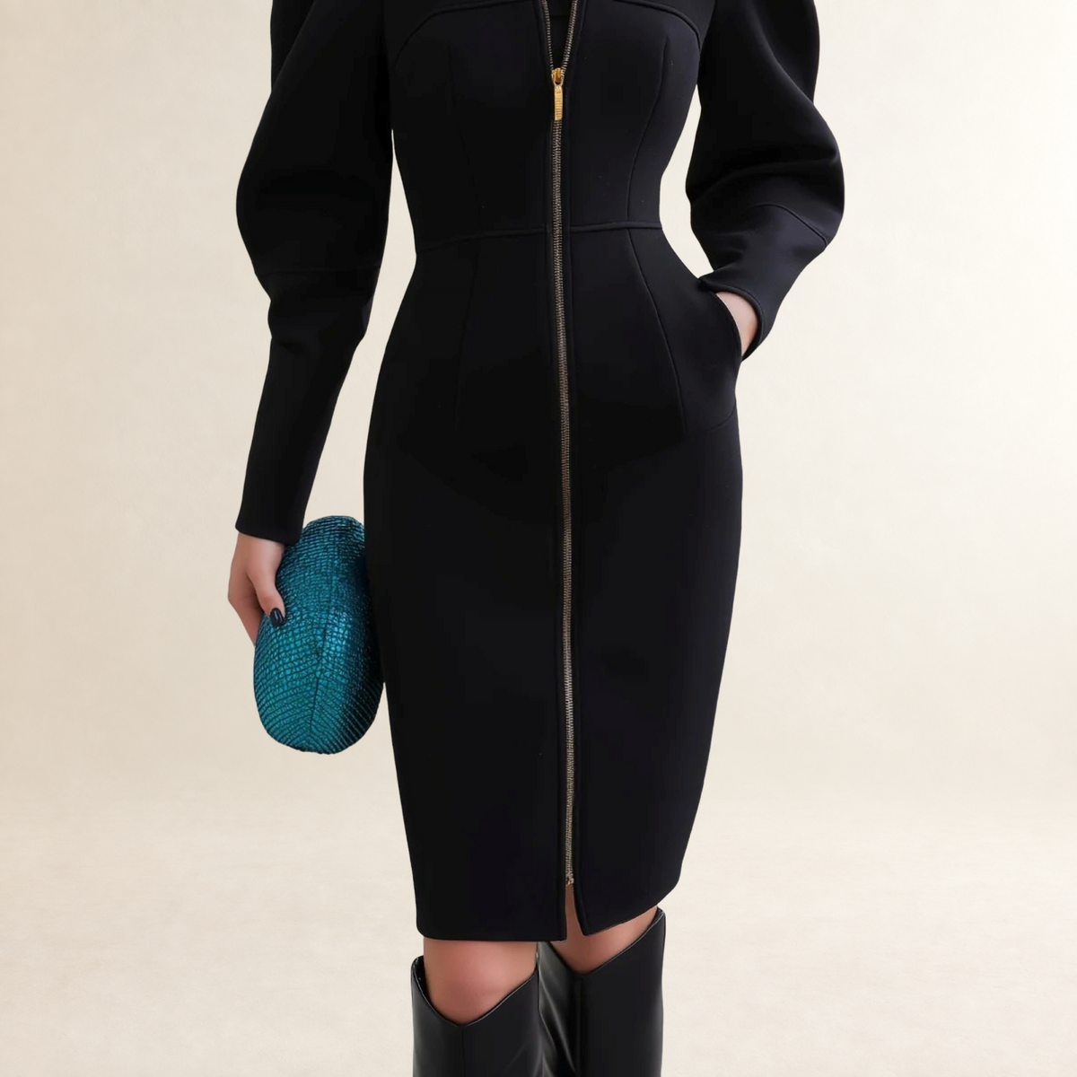 Vestido midi de manga longa feminino com mangas bufantes, fechamento com zíper frontal e caimento ajustado