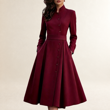 Vestido midi de manga longa para mulheres com colarinho de bandagem, botões e cintura com cinto